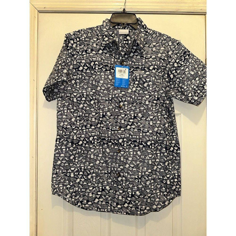 Columbia Shirt Rogers Peak Navy‎ Printed Short Sleeve Men's Size: Small NWT Camp